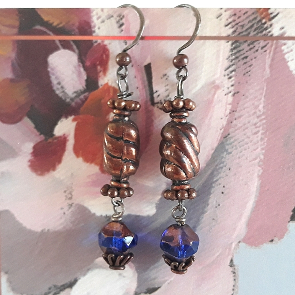 Copper & Cobalt Blue Beaded Sterling Silver Dangle Earrings
